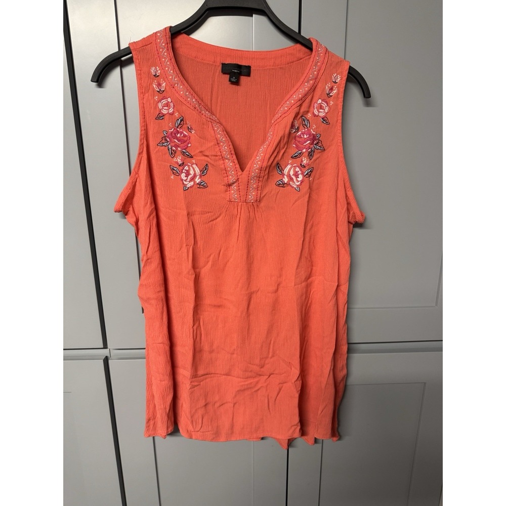 Northington Womens Sleeveless Top 1X Coral Orange Floral Embroidered Boho